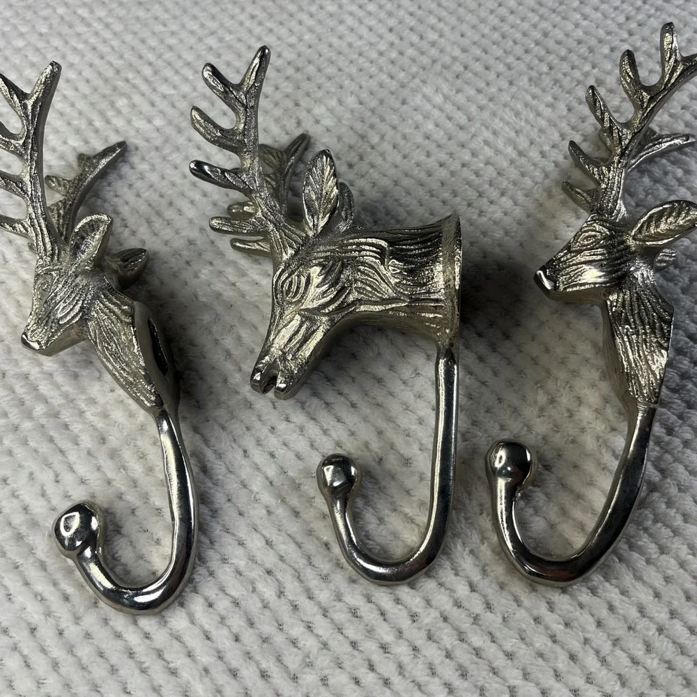 Silver Metal Stag‎ Head Wall Hooks Set of 3 Deer Antler Rustic Lodge Decor